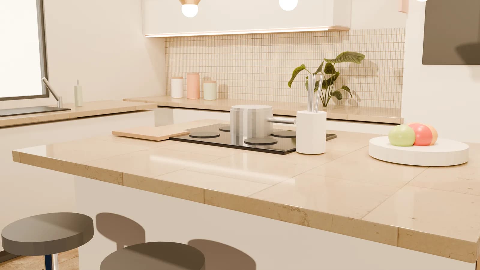 Render 3D realista de cozinha produzido pela parceria Águia × MJGM